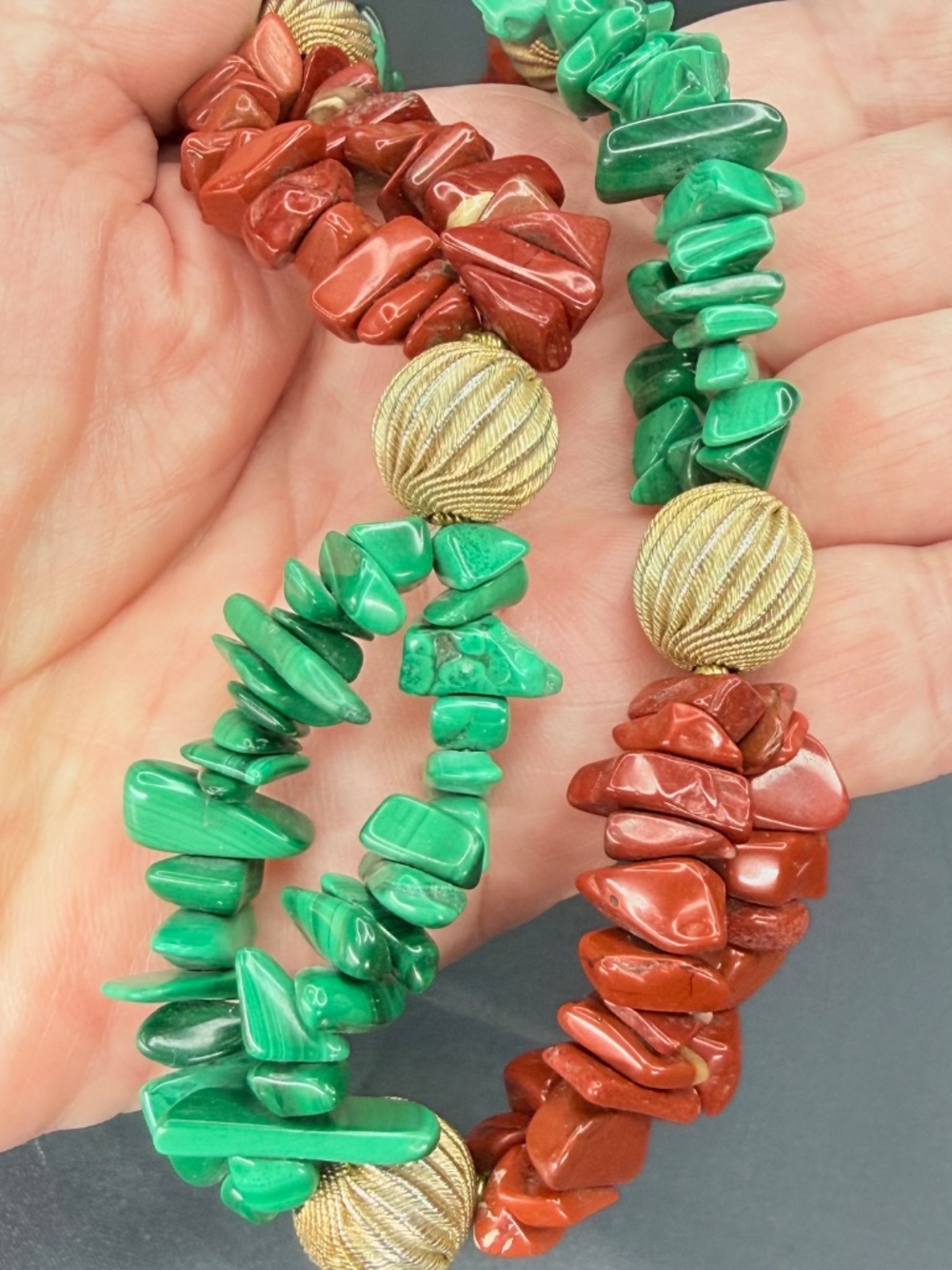 Vintage Malachite Artisan Necklace Red Jasper Chip Bead Double-Strand, Gold-tone